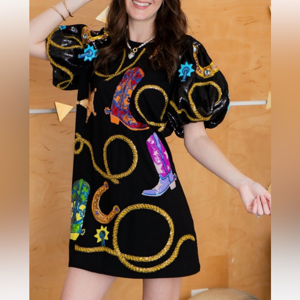 QUEEN OF SPARKLES Black Dress with Colorful Boot Design